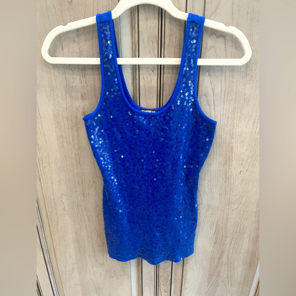Express Size Small Blue Sequin Front Ribbed Tank